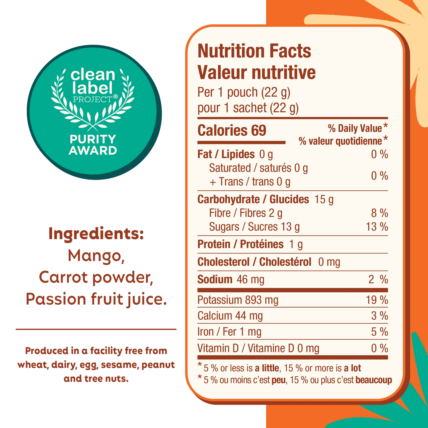 Nutrition facts panel and ingredient list for Wellness Monster Mango Passion Fruit Fruit Bites with Clean Label Project award badge